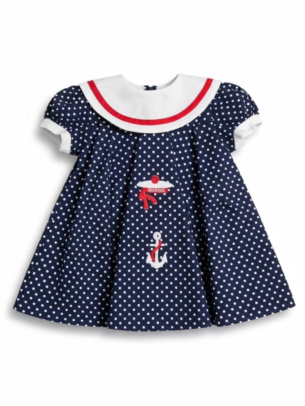 Vintage Peaches & Cream Navy Polka Dot Nautical Embroidered Dress | Girls 18M